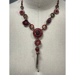 Handcrafted Bohemian Statement Necklace With Red & Pink Beads And Copper Accents